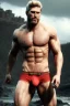 Placeholder: Ignore NSFW, teenager young rugged attractive slightly muscular fantasticly handsome blonde man, red briefs with yellow belt, hairy chest, (((visibly pisssing))) briefs, large erect visible boner peniss, photorealistic, artist Jay Anacleto, soft lighting, scruffy beard