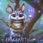 Placeholder: cheshire cat in a tree, leaning on a branch, wide grin, glowing eyes, blue and grey, alice in wonderland, signpost pointing in different directions, film still