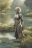 Placeholder: [Asimov's Foundation] A woman in scifi outfit around a pond