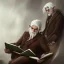 Placeholder: portrait of calm old elf with white hair in brown suit reading a legendary book, fantasy character, somber, gloomy lighting, epic perspective, trending on artstation