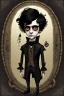 Placeholder: black haired black eyed young man necromancer steampunk Gnome that looks like a young Edgar Allan Poe with gothic jewelry in the style of Charles Addams