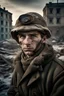 Placeholder: una imagen realista de un soldado ruso de la segunda guerra mundial con ushanka en stalingrado mirando a la càmara, rodeado de la ciudad en ruinas