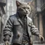 Placeholder: Tabaxi wearing a acid-washed jacket, colors are shades of grey, best quality, masterpiece