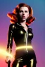 Placeholder: retro portrait image from 1960, explosion background, long red hair, young Scarlett Johansson, classic black tight lycra suit, metal stick weapon, gold bracelet and belt, high heel boots, soft color, highly detailed, unreal engine 5, ray tracing, RTX, lumen lighting, ultra detail, volumetric lighting, 3d, finely drawn, high definition, high resolution.