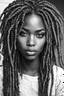 Placeholder: create stippling art style Imagine of a gorgeous black female writing in a journal. Prominent make up with hazel eyes. Highly detailed black and white ombre dread locs.