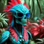 Placeholder: 3D anaglyph red-cyan glasses required to watch a terrible alien Predator dressed in coloured feathers in the jungle: Brain, zombie, skull and the likes...