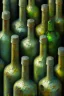 Placeholder: an abstract painting of GLASS BOTTLES, by lucian freud and klimpt, rust, scaffolding, iron cladding, mixed media, textured, anatomically correct, beautiful woman perfect face, green eyes, sharp focus, highly detailed. desolate background