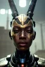 Placeholder: portrait,beautiful african robot, post-apocalyptic in a cyberpunk city, realistic, intriacte detail, sci-fi fantasy style, volumetric lighting, particales,highly detailed,cinamatic, deep