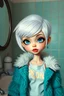 Placeholder: photorealistic impasto impressionist digital oil painting of a vintage styled cartoonish high Brats doll, white hair, fur turquoise coat and torn t-shirt, , ethereal, in the bathroom,she has short hair like audrey hepburn