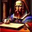 Placeholder: leonardo da vinci works in his study on a laptop at his desk. painting in photoshop. hyperdetailed, warm colors, movie poster, photoillustration, oil on canvas, lens flare