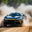 Placeholder: dramatic epic photography ralli art championship supercar race, facing front supercar futuristic modification ,full sticker name DV race decorations,on the way high speed drifting and jumping,on dune and watery spray and dirt roads forest