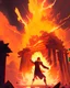 Placeholder: a person destroying with the help of yellow lightning striking and exploding the temple inflicting raging anger and fire in the atmosphere with orange sky. overall image has deep red tone