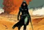 Placeholder: create a fine art print full body illustration of a rugged gritty, roughly textured, hooded, black clad Fremen female mercenary with highly detailed feminine facial features, amidst the billowing desert storms of Arrakis, in the comic book art style of Bill Sienkiewicz, and Jean Giraud Moebius, finely textured, drawn, colored, and inked,