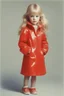 Placeholder: Illustration of model claudia Schiffer, as toddler,,1970s, red plastic raincoat style of Marcel Marlier, pastel colors