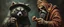 Placeholder: master oil painting with some air brush, fluffy human thief hyena merchant sailor priest realistic and creepy, straight from the lich lab, in the style of Escher and Titian
