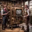 Placeholder: Steampunk engineers constructing a television set