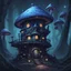 Placeholder: space island mushroom house. black cyan and indigo colored. Detailed oil Painting, muted color, fantastical, intricate detail, splash screen, hyperdetailed, insane depth, concept art, 8k resolution, trending on artstation