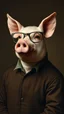 Placeholder: Hieronymus Bosch style , a pig with eyeglasses head in a body of a man wearing