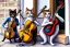 Placeholder: Group of three mature cats musicians, one cat playing guitar, one cat playing drums, one cat holding microphone and singing, singing, street, Vienna, smiling, sunny day, model style, hyper realistic, extremely accurate, delicate, extremely detailed, Graphic novel style, wide-angle, open aperture, superfine pencil