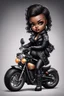 Placeholder: Create an airbrush image of a chibi curvy black female wearing a biker's coat and boots with black tights. Prominent make up with hazel eyes. She is sitting on a big Harley Davidson motorcycle at a bike show.