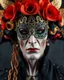 Placeholder: Gothic Horror carnival style Demon Dracula portrait adorned vith voidcore shamanism black camelia flower and ginger red camelia venetian style headress textured botanical Golden filigree floral embossed & black crand ginger red venetian masque and wearing voidcore shamanism textured camelia flower ornated metallic gothica ornated costume armour organic bio spinal ribbed detail of vantablack gothica background extremely detailed hyperrealistic concept art