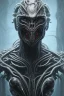 Placeholder: evil predator with crown, alien, brutal face, tron, head, burn eyes, 8k, finely detailed, dark light, photo realistic, hr giger, cyberpunk