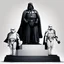 Placeholder: Create a captivating illustration that showcases a fat Darth Vader, adorned in his iconic black cape, standing triumphantly on the highest podium as the undisputed champion. Flanking him on two lower podiums are two white-clad Stormtroopers, looking sullen. Set this scene against a white background.