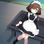 Placeholder: Clear focus, High resolution, short dark brown fluffy hair, green eyes, wearing a maid outfit, sitting down, in a house, cartoon eyes, cute, cartoony style, flat shading, hair covering eyes, no mouth, shadow on face