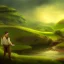 Placeholder: Landscape, the shire, fantasy, green, Brown, warm, a man sitten by the river