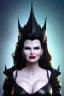 Placeholder: Geena Davis as evil queen in black leather, leather, busty, cleavage, angry, rage, stern look. character design by cory loftis, fenghua zhong, ryohei hase, ismail inceoglu and ruan jia. unreal engine 5, artistic lighting, highly detailed, photorealistic, fantasy