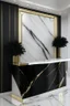 Placeholder: Black clear reception desk with white marble wall veined with gold