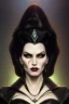 Placeholder: painting of morrigan hel as evil queen in black leather gown, feminie, angry, stern look on her face, emperious, highly detailed, digital painting, artstation, concept art, smooth, sharp focus, illustration, art by gaston bussiere and alphonse mucha