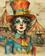 Placeholder: Masterpiece, a delicate ink and watercolor wash rendering on rough handmade paper. A vibrant and imaginative collage unfolds, blending vintage circus charm with surreal whimsy. At its heart stands a glamorous circus performer, wearing a colorful, patterned bodysuit rendered with intricate ink lines and layered washes of sapphire, crimson, and gold. A tall, red top hat crowns her head, sketched with bold strokes and rich scarlet hues. Behind her, a classic circus tent rises, its stripes suggested