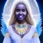 Placeholder: portrait of a beautiful somalian woman with an angel face smiling,long blond hair, blue eyes, pink and blue dress, jewels, soft light aura