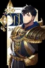 Placeholder: A handsome 30 year old knight, black hair, dark blue eyes, male shaggy haircut, in black-and-gold plate armor, no beard, european, portrait