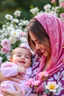 Placeholder: A mother and a beautiful baby with love and compassion, great quality picture show flowers in the background in a romantic scene . 8K, a happily motherhood
