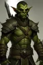Placeholder: Green-skinned, Orc soldier, Slender, wears plate mail, and short brown hair.