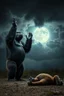 Placeholder: A gorilla standing with anger , looking up to the sky , front view,raising both hands up like prayer. His son is laying dead on the ground, A cloudy stormy behind a dim lighting moon ,4k, dramatic scene,