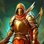 Placeholder: fantasy tcg art of a sci-fi crossbow soldier man with knight mask