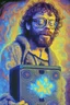 Placeholder: Terrence McKenna holding an electric stand up heater on lsd