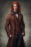 Placeholder: Slender and tall handsome male. Caucasian. Long and volumous red hair. With a dubious malicious smile. Using a victorian brown alchemist jacket and formal attire. Enphasis on the malicious smile.