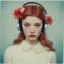 Placeholder: 1960s Polaroid head shot of vlada roslyakova,she has freckles on her face, pouty lips, red nose, hair adorned with strange flowers, red cheeks and nose, headphone