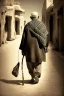 Placeholder: An old man wearing an Arabic keffiyeh, his back bent, walking barefoot, holding his cane upside down, looking back and holding his shoe in his hand.