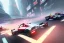 Placeholder: Futuristic formula race car hovering just above track, cyberpunk style, fog