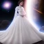 Placeholder: model shoot style, digital art zoomed out portrait of (Princess Leia) ((dressed in white and off white gown)), surrounded by planets, ultra-detailed, ultra quality, ((official character art)), (dark fantasy), illustration, eerie atmosphere, 8k, cinematic lighting, bokeh