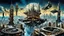 Placeholder: a stunningly weird image of a futuristic metropolis using Salvador Dali's paranoiac-critical method, where buildings and structures appear to melt into the skyline cityscape is filled with floating mad, twisted sharp metal shapes that interact with the buildings and each other, forming a surreal tableau of a dreamlike reality. neu-steampunk vibe, essence of the scene in a cinematic manner, with dramatic shadows that enhance the distorted perspectives and bizarre