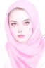 Placeholder: I draw a woman wearing a white shirt and a pink veil, with fair skin