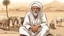 Placeholder: Old man, Arab, turban, white clothes, cattle, desert, council, sun, palm trees, mud houses, holding a stick, looking forward, a very slight smile.cartoon,Sitting on a chair,long beard,Mouth slightly open