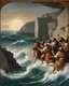 Placeholder: Renaissance mural of the moment when the Pythagorean disciples throw Hypasus into the Aegean Sea. Capture the split second before it falls to the dark, choppy waters below. The disciples stand at the edge of the cliff, their faces hidden in the shadows, while Hippasus is depicted with a look of shock and despair. The background features the turbulent sea and stormy sky. Created using: Raphael's mastery of perspective, rich depth of color, classic Renaissance iconography, intricate details in bot