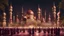 Placeholder: Hyper Realistic Photographic-View of lots of Muslim-Men praying outside a Massively-Huge-Beautifully-Crafted-Maroon-&-Golden Mosque with detailed-minarets & Ramadan-Light-Decorations-&-Lamps-&-a-fountain at beautiful-dark-night with dramatic-&-Cinematic-Ambiance